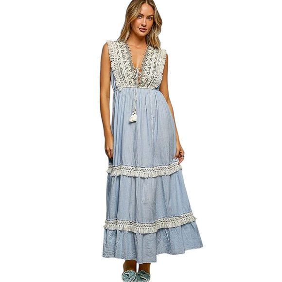 POL L Elegant Blue Sleeveless Maxi Dress